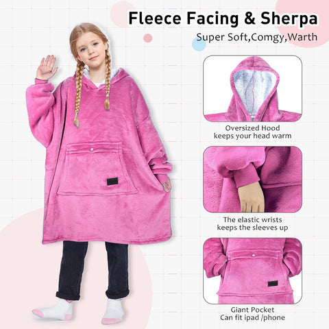 Solaris Oversized Wearable Blanket Hoodie for Kids, Warm Soft Kids Gift, Super Cozy Sherpa Fleece Hoodie Sweatshirt Pullover for Teens, Girls, Boys, Hot Pink