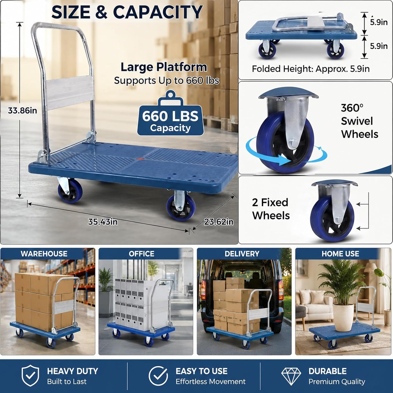 Doppy Push Cart Dolly 660 lbs, Foldable Moving Platform Truck with Swivel Wheels for Loading, Storage, Warehouse