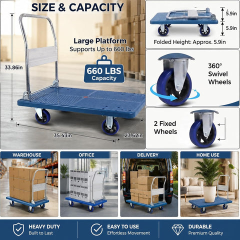 Doppy Push Cart Dolly 660 lbs, Foldable Moving Platform Truck with Swivel Wheels for Loading, Storage, Warehouse