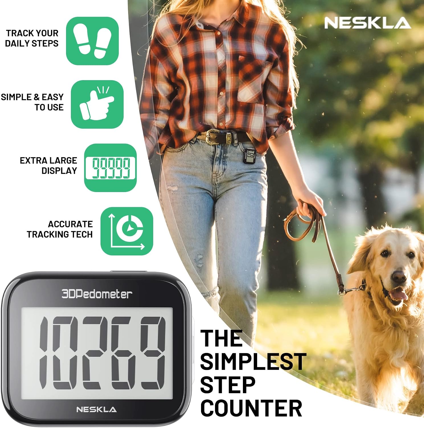 NESKLA 3D Pedometer, Simple Step Counter with Large LCD Display for Walking