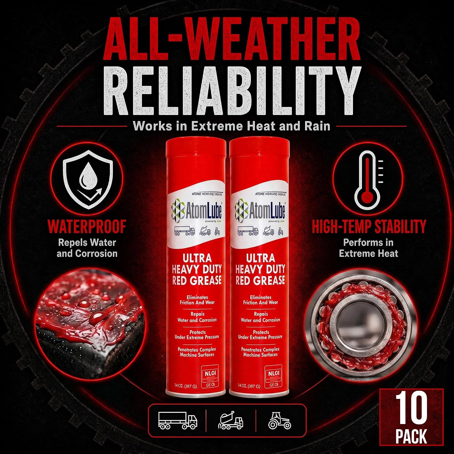 AtomLube Ultra Heavy Duty Red Grease, 10-Pack of 14 oz Tubes