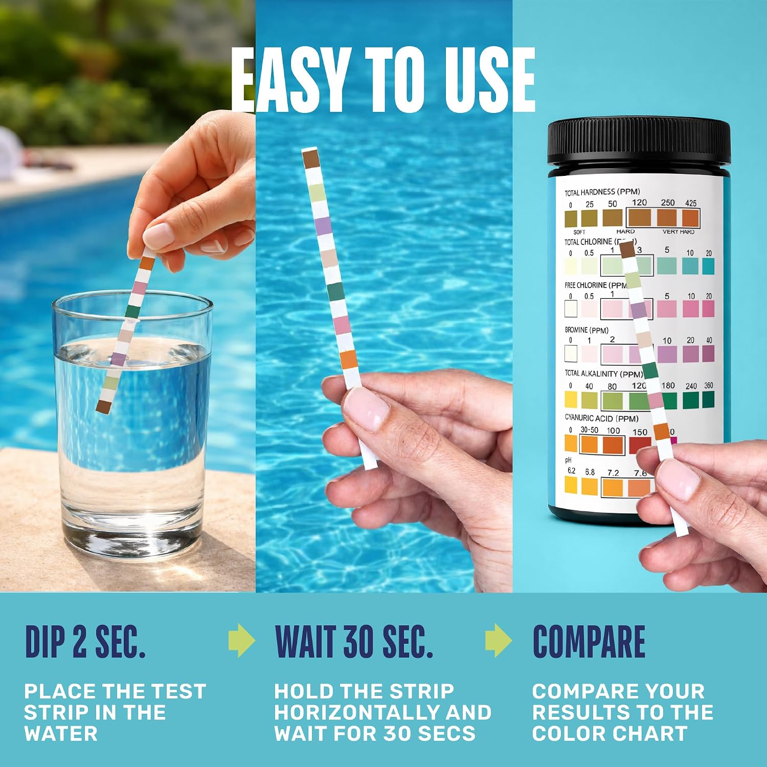 JNW Direct Pool Test Strips for Pools and Spas - 7 in 1 Water Test 100 Pack
