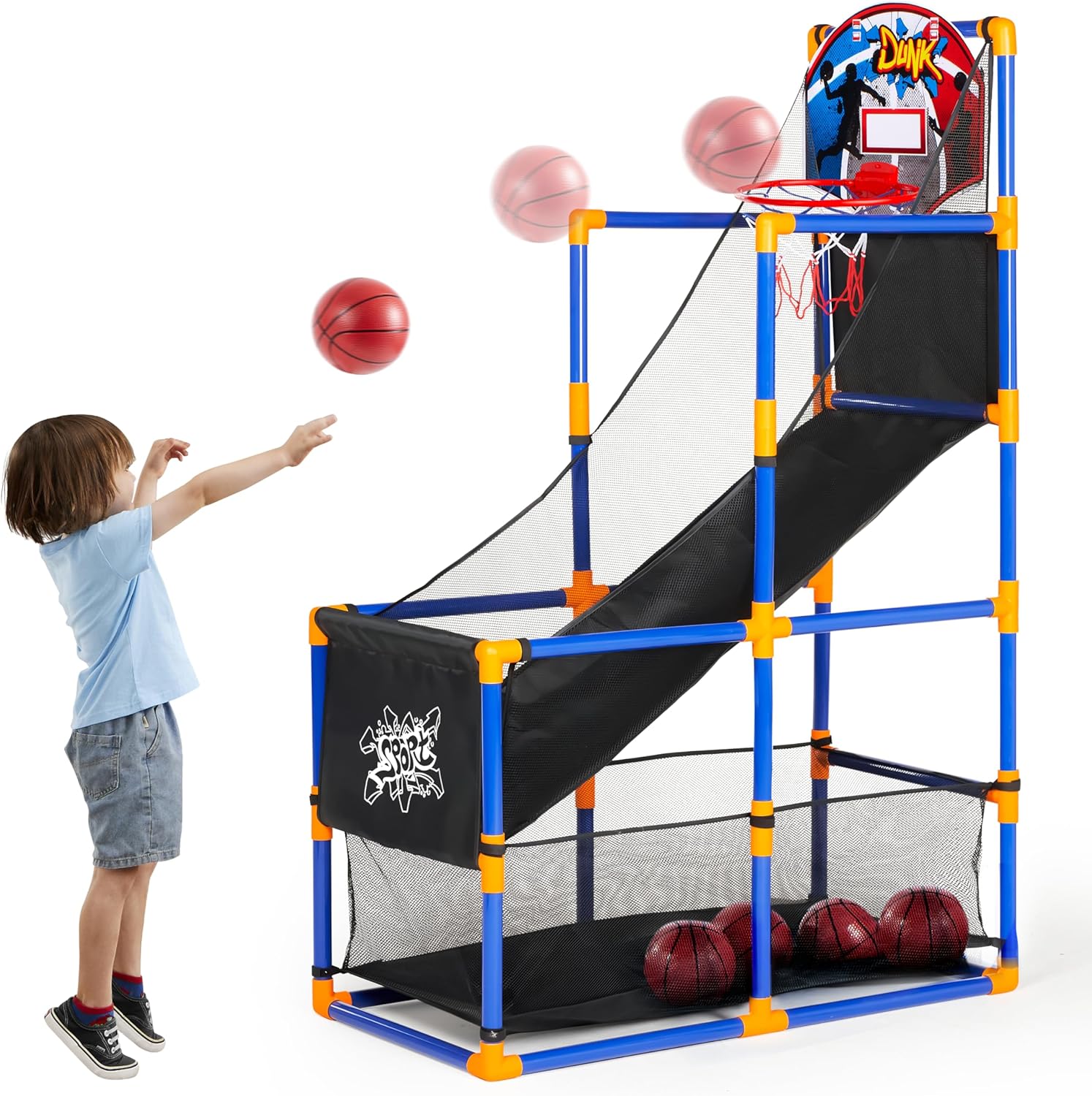 JOYIN Arcade Basketball Game Set with 4 Balls and Hoop for Kids 3+ Years Old Indoor Outdoor Sport Play - Easy Set Up - Air Pump Included - Ideal for Competition