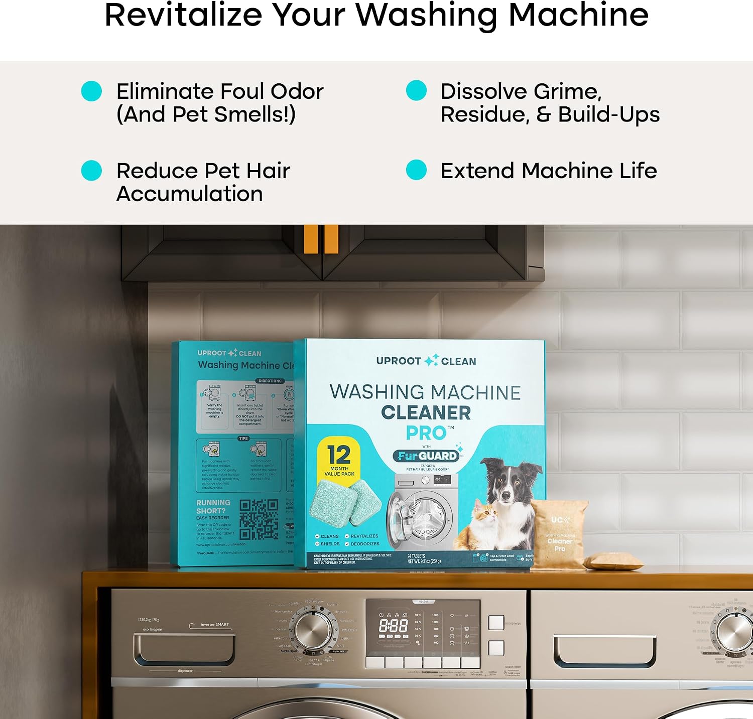Uproot Clean Washing Machine Cleaning Tablets for Pet Owners, 24 Pack