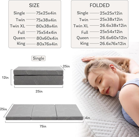 MLILY Single Trifold Mattress, 4 Inch Foldable Gel Memory Foam Mattress