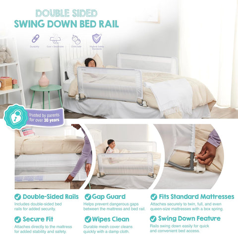 Regalo Safety Double-Sided Swing Down Bed Rail Guard (2-Pack), Toddler Bed Rail for Twin to Queen Beds, Extra Long 43”, Reinforced Anchor System, Easy Install, White