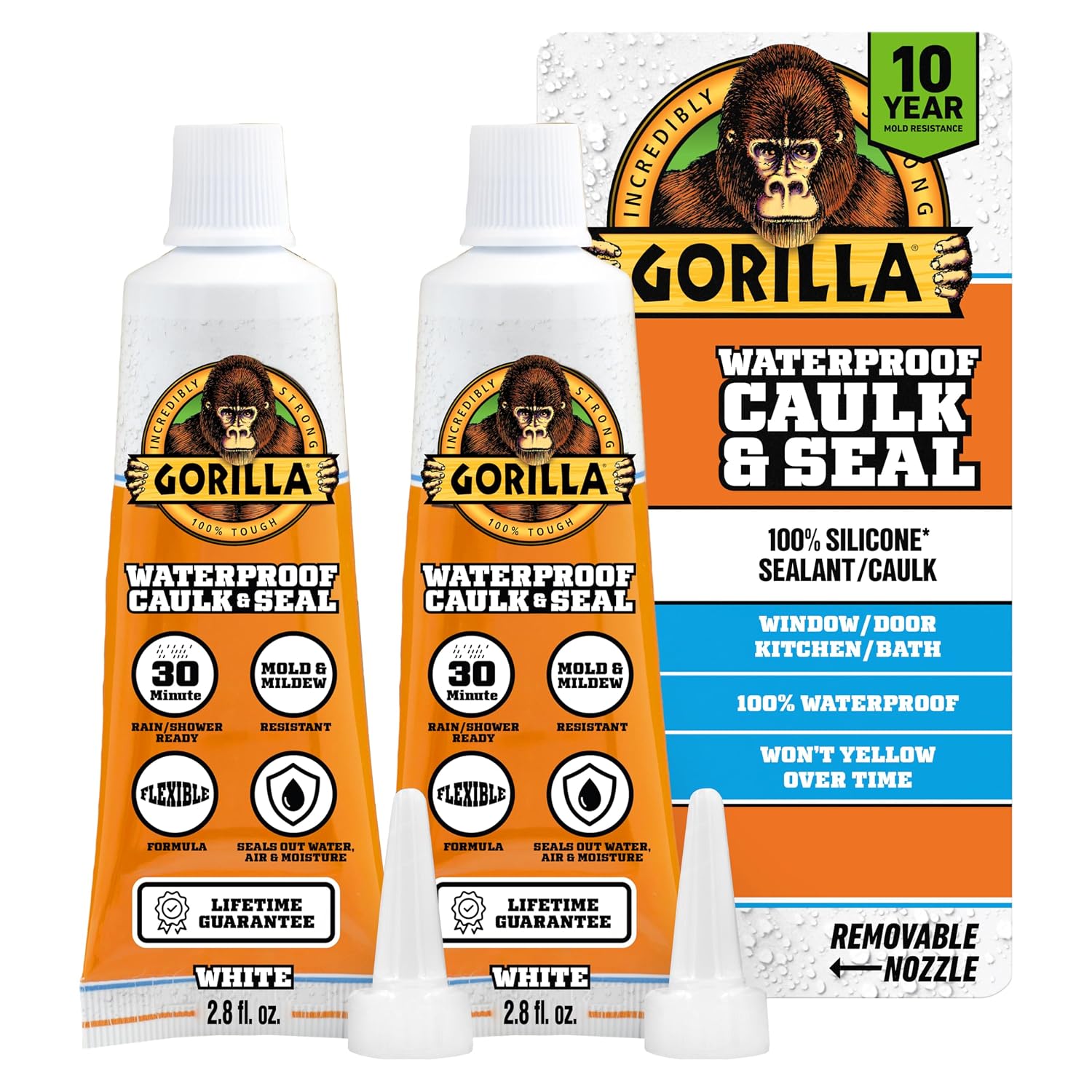 Gorilla 100% Silicone Caulk, Waterproof Sealant, 2.8oz Squeeze Tube, 2-Pack