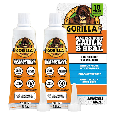 Gorilla 100% Silicone Caulk, Waterproof Sealant, 2.8oz Squeeze Tube, 2-Pack