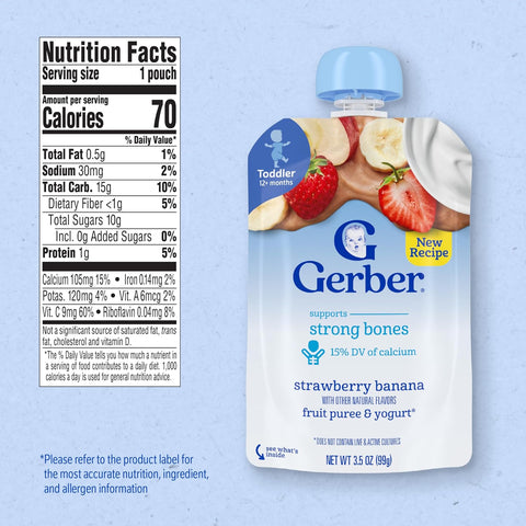 Gerber Toddler Food, Strawberry Banana, Fruit Puree and Yogurt Pouch. No Added Sweeteners, 12PK