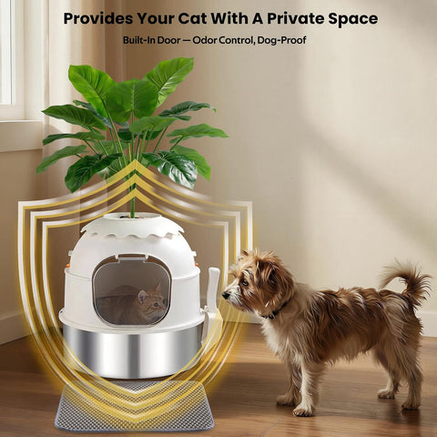Hidden Litter Box, Stainless Steel Litter Box with Faux Plant Decor, Litter Box Enclosure with Clear Front Door, Includes Scoop & Litter Mat, Odor Control, Easy to Clean (White)