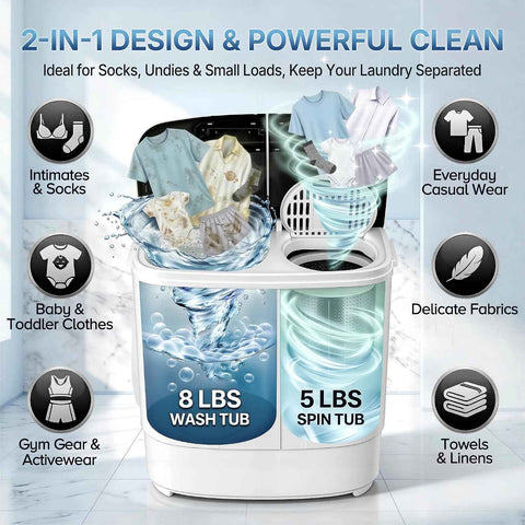 ZenStyle Twin Tub Small Washing Machine 13lbs, Portable with Built-In Washer Spinner & Gravity Pump, 5.74 FT Cord, for Dorm, Apartment, RV, Camping (White and Black)