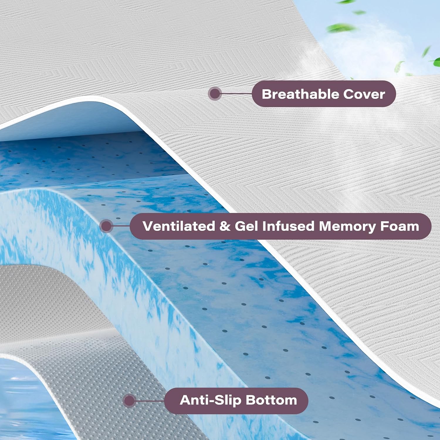 SOOSLEEPY 3 Inch Memory Foam Mattress Topper Queen Size with Removable Soft Cover Ventilated Breathable Cooling Mattress Pad Portable Bed Topper for Back Pain, CertiPUR-US Certified