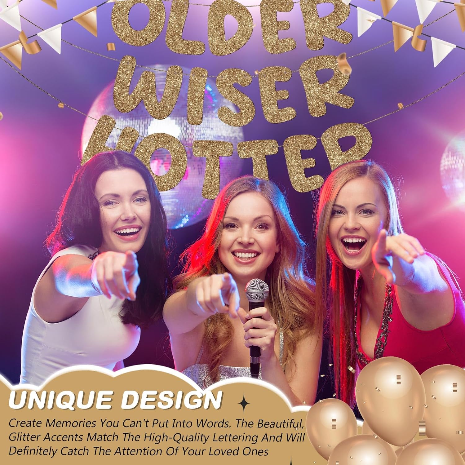 Fulmoon Older Wiser Hotter Banner Birthday sign,Dark Champagne