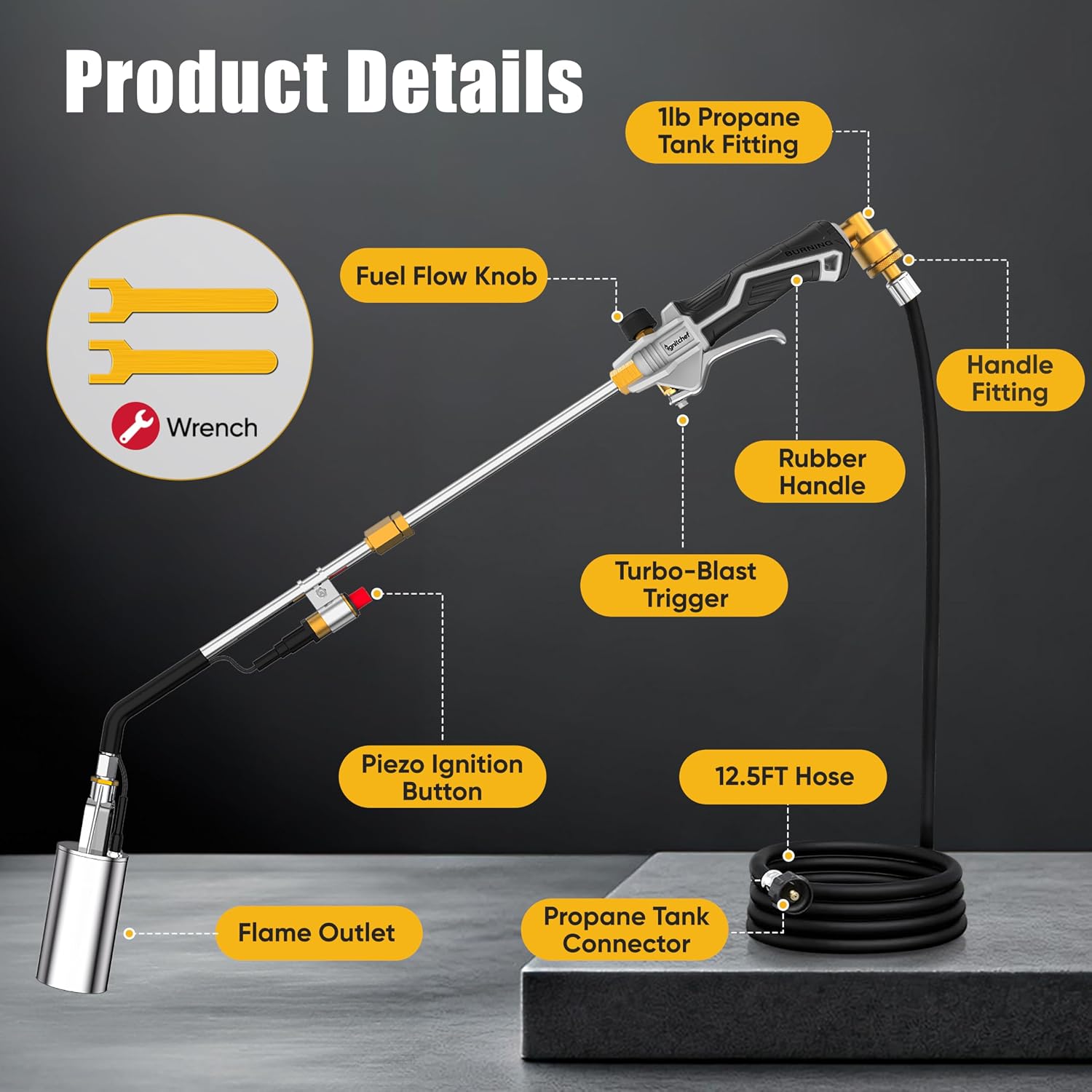 CSA Certified Propane Torch Weed Burner With 12.5-ft Hose Kit, High Output 340,000 BTU Weed Torch with Self Igniter and Turbo Trigger, Long/Short Mode, Dual Fuel Support for Garden, Ice, BBQ