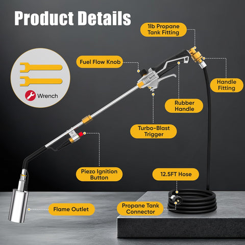 CSA Certified Propane Torch Weed Burner With 12.5-ft Hose Kit, High Output 340,000 BTU Weed Torch with Self Igniter and Turbo Trigger, Long/Short Mode, Dual Fuel Support for Garden, Ice, BBQ