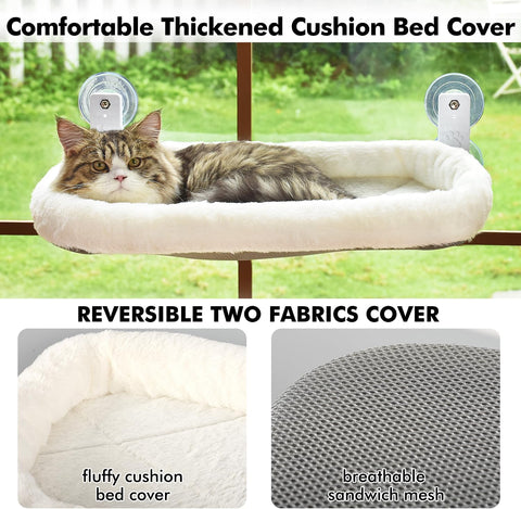 AMOSIJOY Cordless Cat Window Perch with Cushion Bed Metal Frame, L White