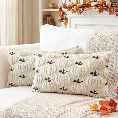 Artscope Fall Pumpkin Throw Pillow Covers 12x20 Set of 2, Autumn Soft Plush Faux Fur Decoration Cushion Covers for Thanksgiving Holiday Couch Sofa Bedroom Home Decor-Beige