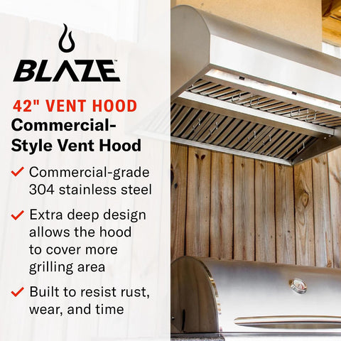 Blaze 42-Inch Outdoor Vent Hood | 304 Stainless Steel Construction | Dual 1000 CFM Blowers with 4-Speed Fan Control | Commercial Baffles & Halogen Lights | BLZ-42-VHOOD