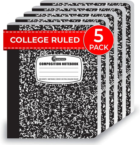 Rosmonde 5 Pack College Ruled Composition Notebooks, Black Marble Notebook