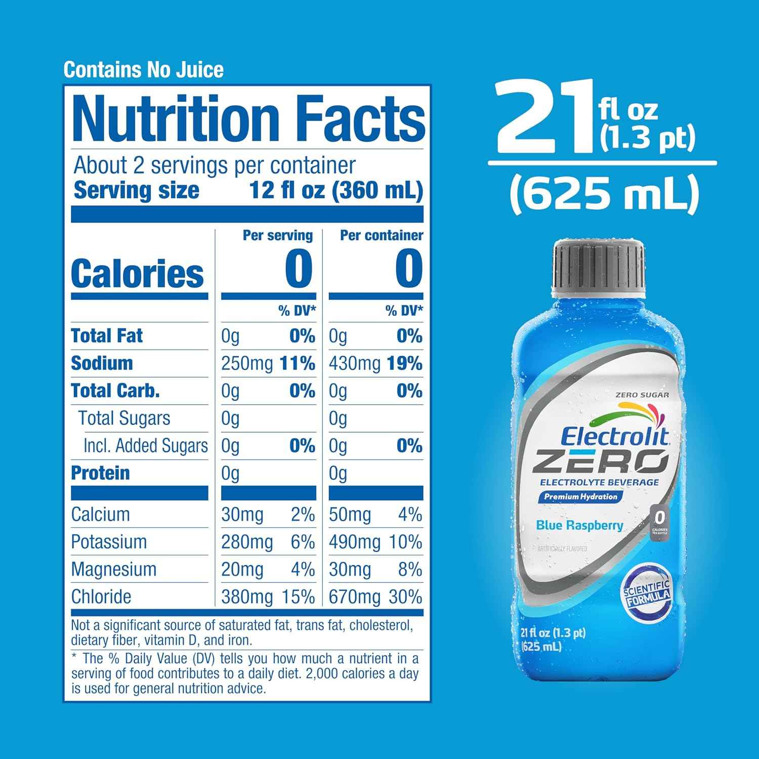 Electrolit Zero Electrolyte Beverage, Blue Raspberry, 21 fl oz (12 Pack) | Zero Sugar Hydration Sports Drinks with Electrolytes, Magnesium, Calcium & Potassium, Recovery Drink for Post Workout