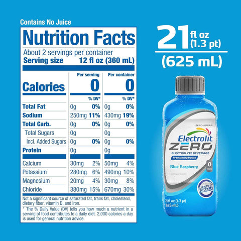 Electrolit Zero Electrolyte Beverage, Blue Raspberry, 21 fl oz (12 Pack) | Zero Sugar Hydration Sports Drinks with Electrolytes, Magnesium, Calcium & Potassium, Recovery Drink for Post Workout