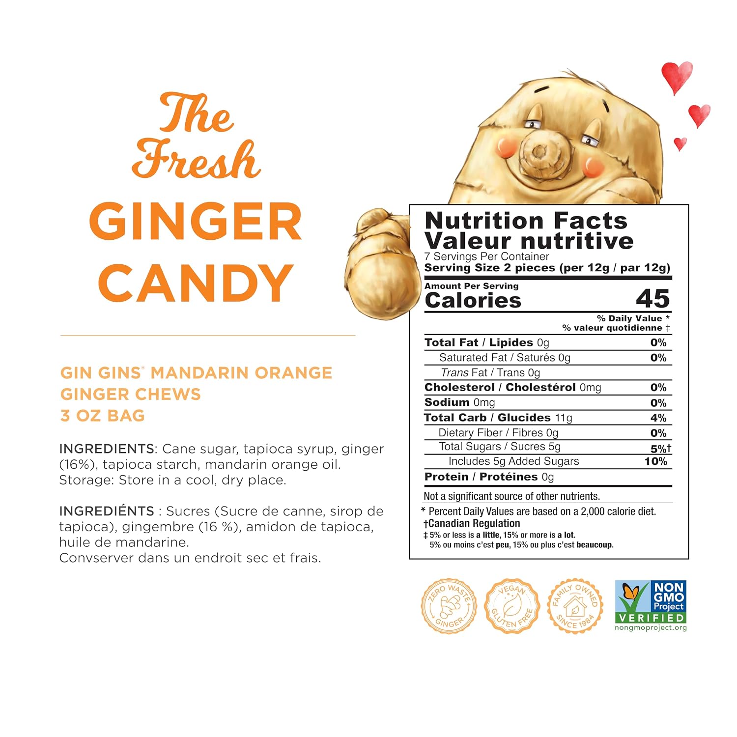 GIN GINS Mandarin Orange Ginger Chews – Natural Fresh Ginger Candy by The Ginger People – Individually Wrapped Healthy Candy – Mandarin Orange Flavor – 3 oz Bag – Pack of 1