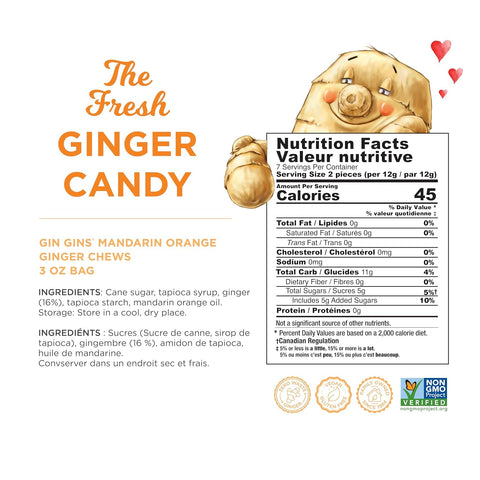 GIN GINS Mandarin Orange Ginger Chews – Natural Fresh Ginger Candy by The Ginger People – Individually Wrapped Healthy Candy – Mandarin Orange Flavor – 3 oz Bag – Pack of 1