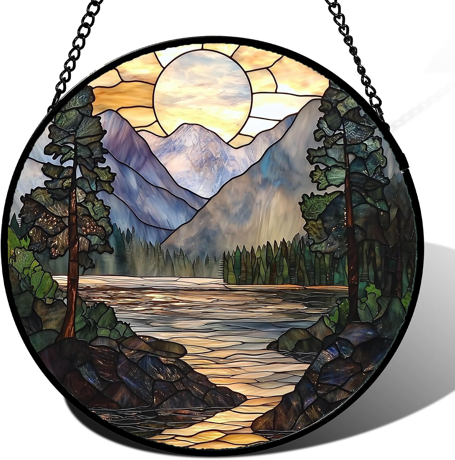 Mountain Lake Stained Glass Window Hanging Suncatcher Gifts for Women 6.3"