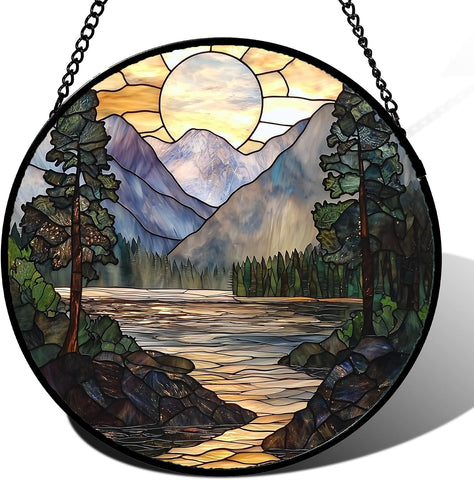 Mountain Lake Stained Glass Window Hanging Suncatcher Gifts for Women 6.3"