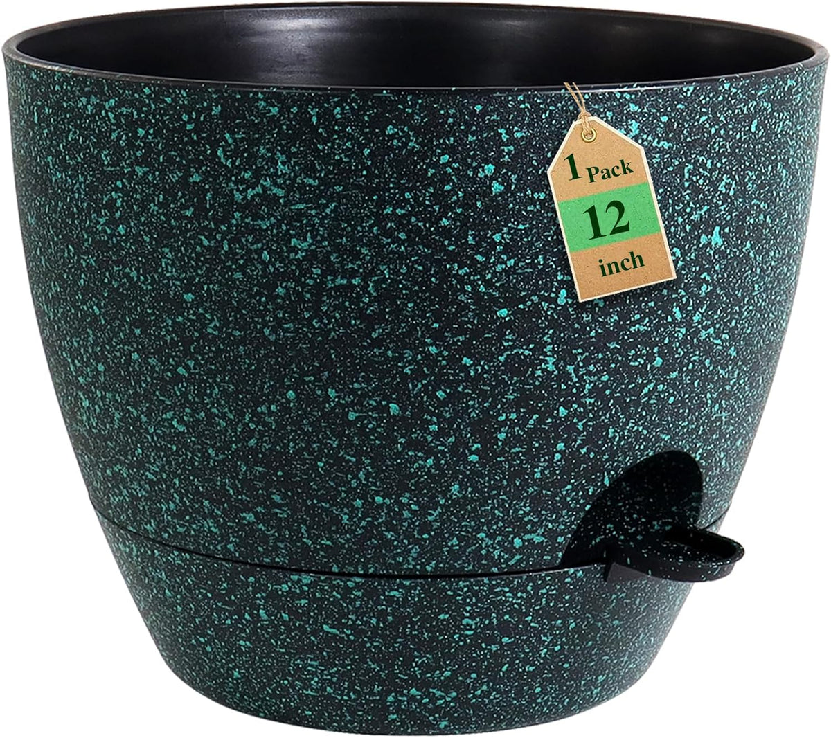 WSMKSZ 12 inch Large Self Watering Pots, Planter, Plant Pots with Mesh Drainage Holes for Indoor Outdoor House Plants and Garden, Plastic Flower Pots with Reservoir, Black with Green Speckles