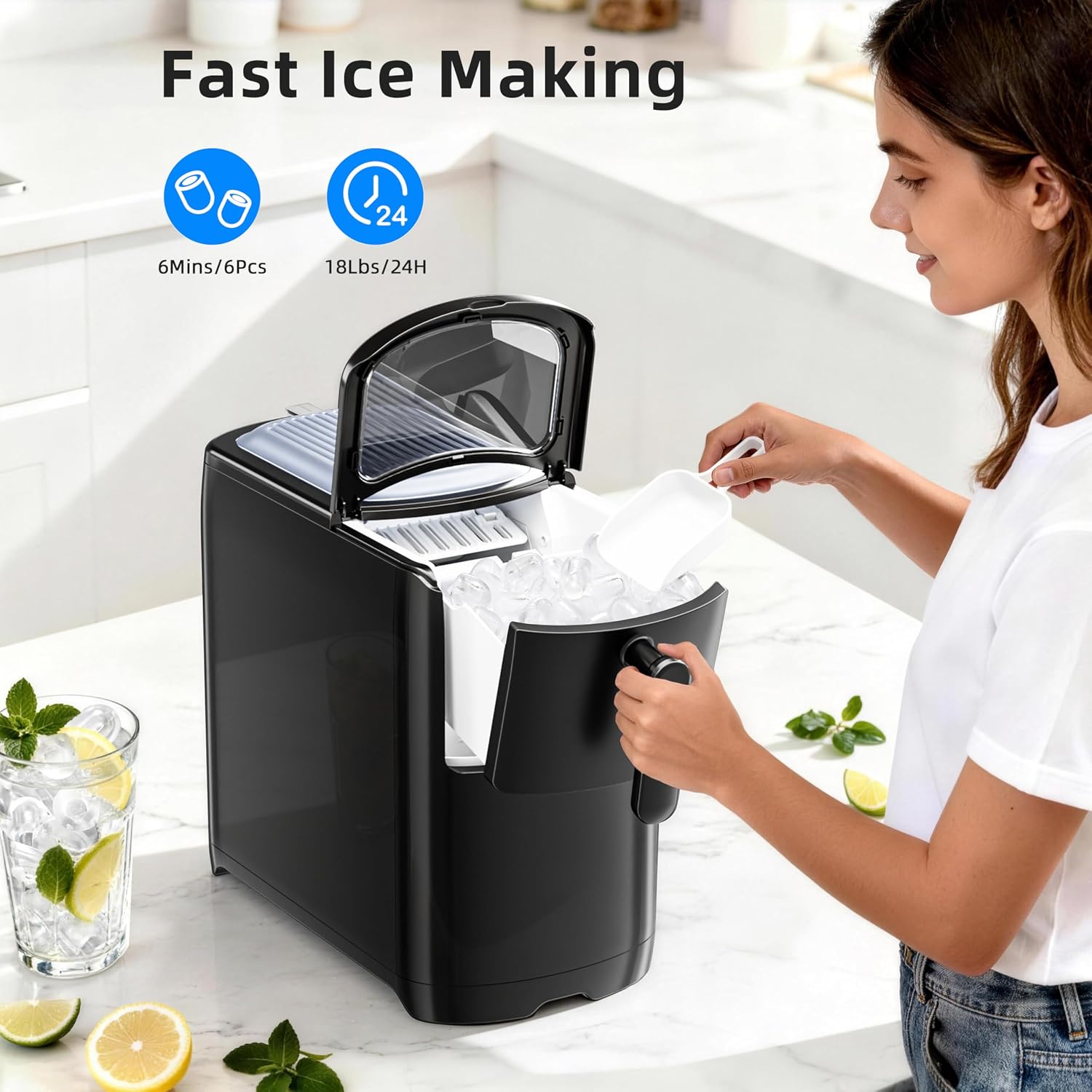 Antarctic Star Portable Countertop Ice Maker with Self-Cleaning, 18Lbs/24H, One-Touch Operation, Ice Scoop for Home, Kitchen, Office(Black)