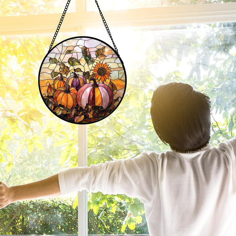 Fall Sunflowers Pumpkins Stained Glass Window Hanging Suncatcher Gifts 6.3"