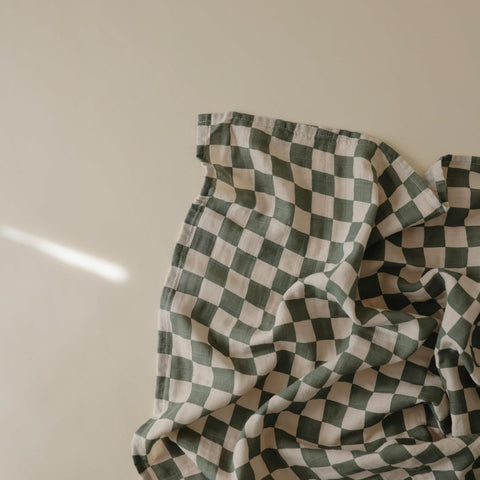 mushie Muslin Baby Swaddle Blanket | 100% Organic Cotton (Olive Check)