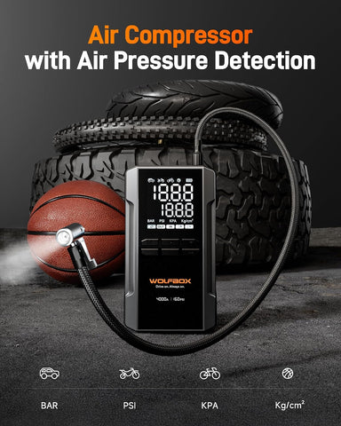 WOLFBOX MV24A 4000A Jump Starter with 160PSI Air Compressor, 12V Car Battery Booster, 88.8Wh Portable Jump Box (10L Gas/10L Diesel) with 65W Fast Charging, Tire Inflator, Jumper Cables, LED Light