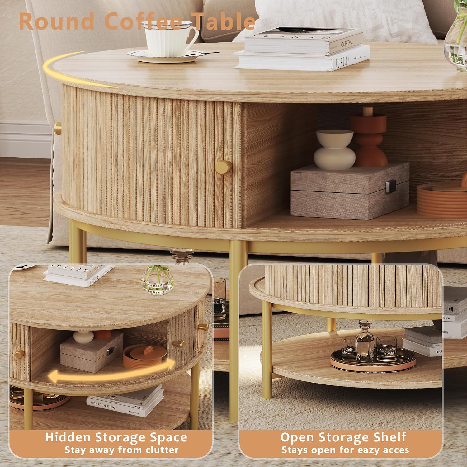 23.6" Round Coffee Table with Storage, 3-Tier Small Round Coffee Table with Sliding Cabinet Door & Round Metal Legs, Mid Century Modern Coffee Tables for Living Room, Oak