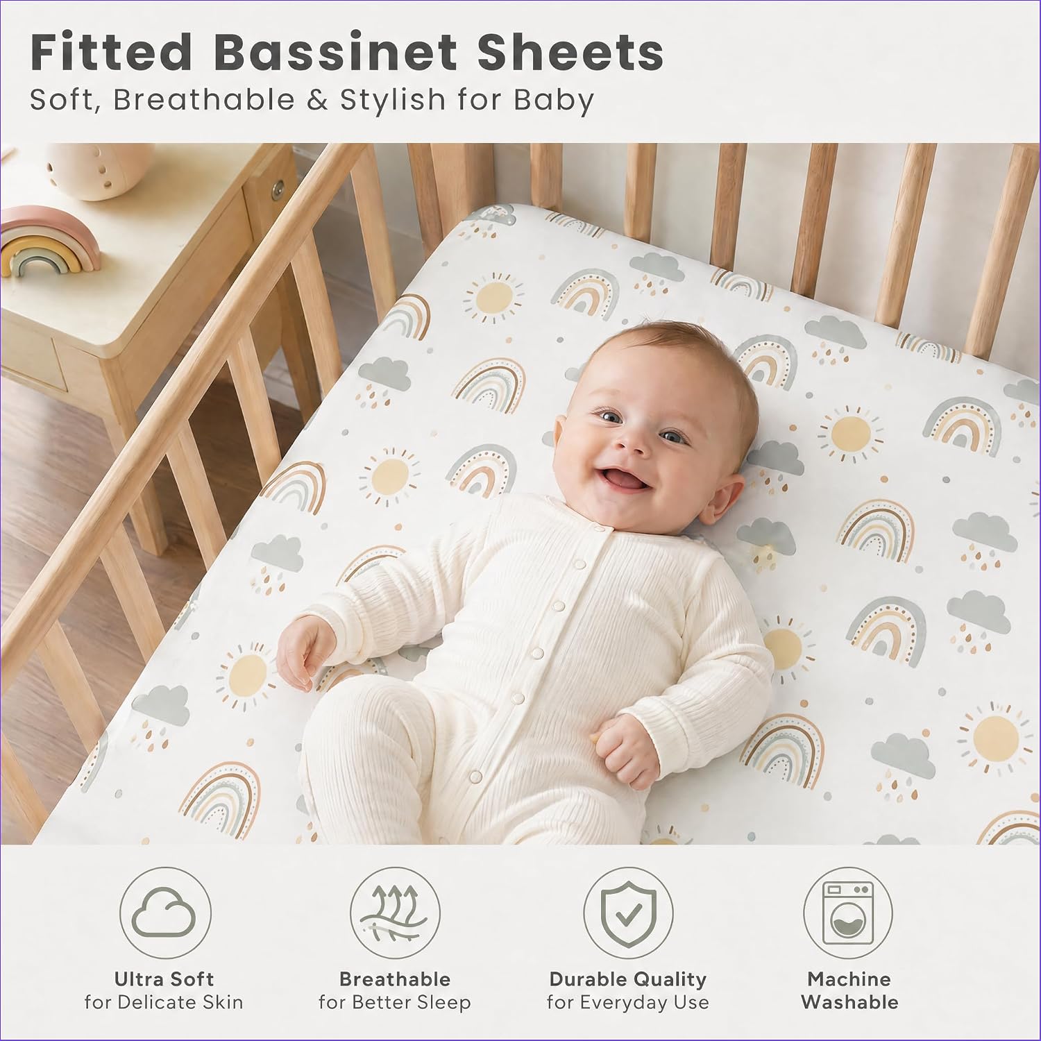 4 Pack Bassinet Sheets (20" x 33"), Compatible with Angelbliss, YADAQE, Maxi-COSI Iora/Swift, Pamobabe, BIERUM and Papablic Baby Bassinet, Soft and Skin-Friendly, Mint Green and Color Rainbow