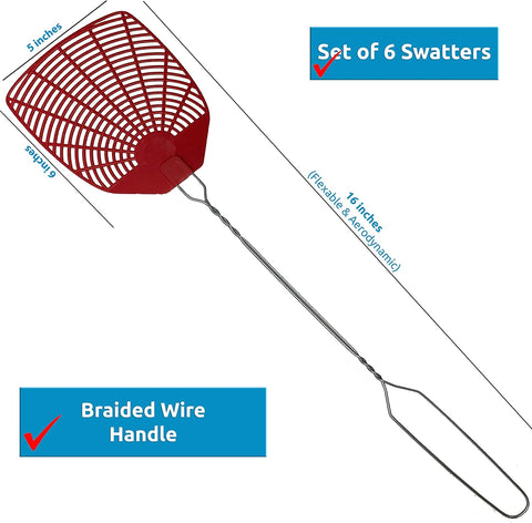 W4W, Bug & Fly Swatter Metal Handle 6 Pack Fly Swatters Indoor/Outdoor flyswatter