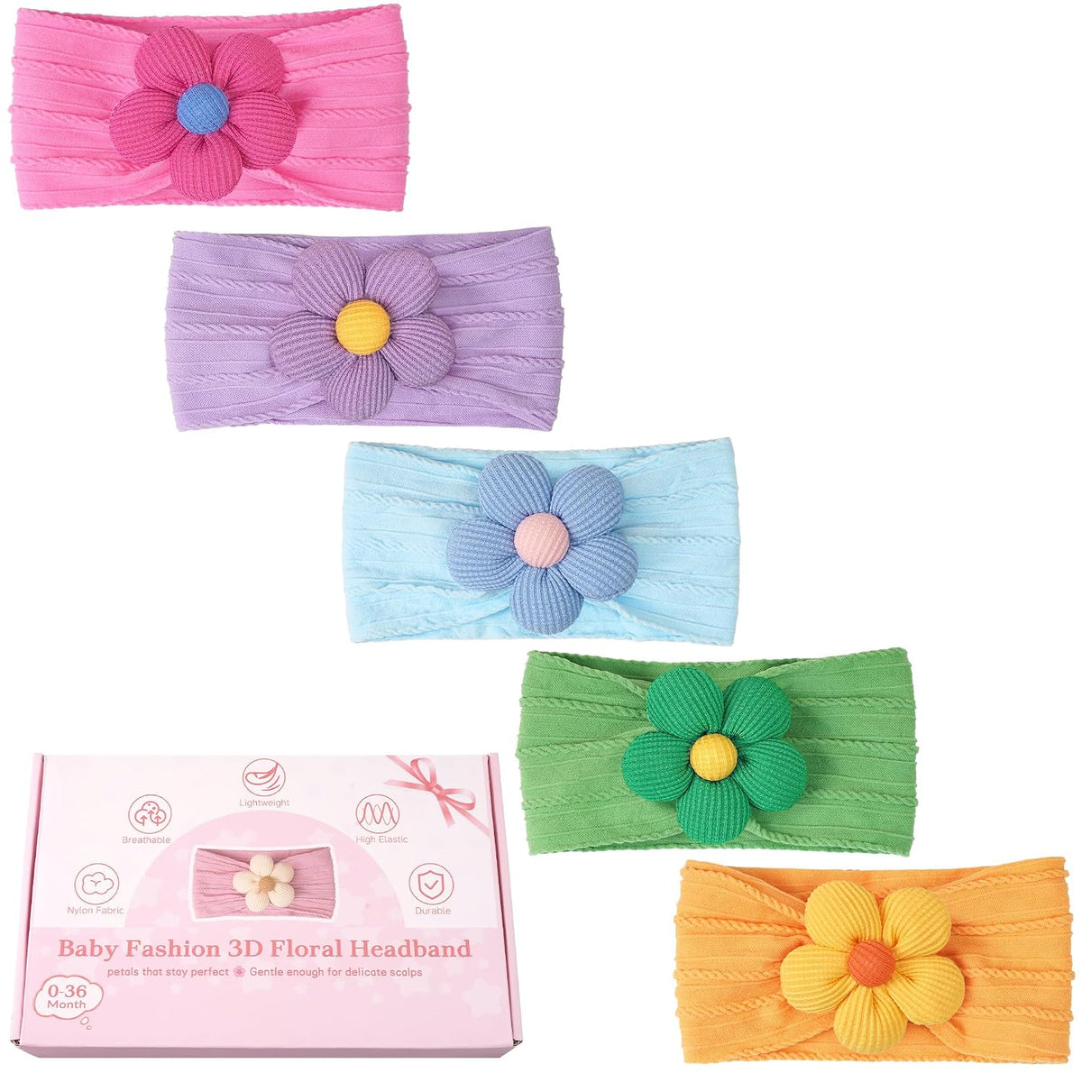 CÉLLOT 5 Pcs Baby Flower Headbands Baby Girls Nylon Headbands for Newborn