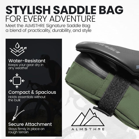 ALMSTHRE Signature Bike Saddle Bag – Hunter Green | 0.5L Bike Seat Bag (3" x 5.25" x 2") | Water-Resistant Ripstop, Waterproof Zipper, Internal Pocket | Durable Under Seat Storage