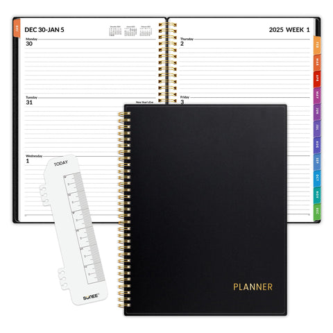 SUNEE 2025 Weekly and Monthly Planner - from January 2025 - December 2025, 8.5"x11" Daily Agenda Planner with Monthly Tab, Flexible Cover, Note Pages, Pockets, Bookmark, Spiral Binding, Black