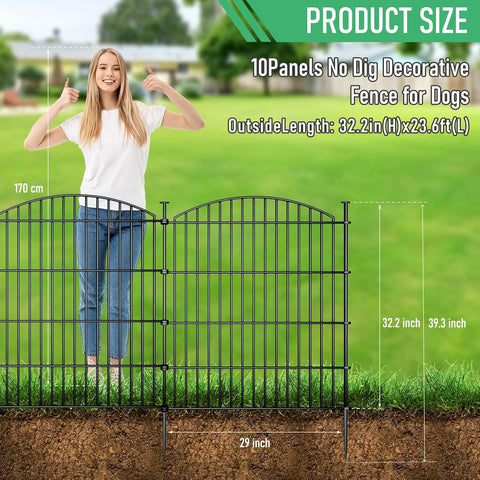 10 Panel No Dig Metal Garden Fence 32"H x 23.6'L Dog Fence Outdoor for Yard
