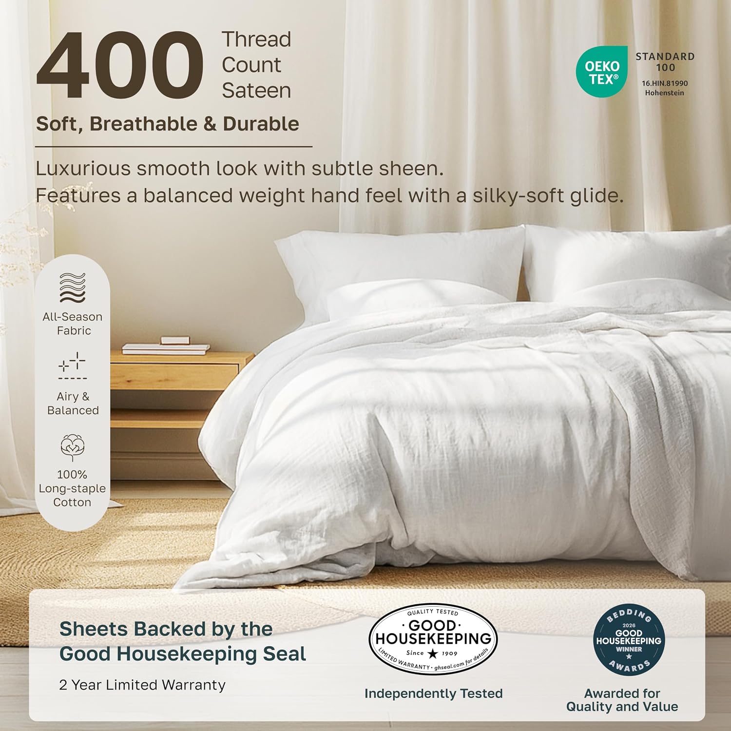 California Design Den Soft 100% Cotton Sateen Queen Bed Sheets Set, White
