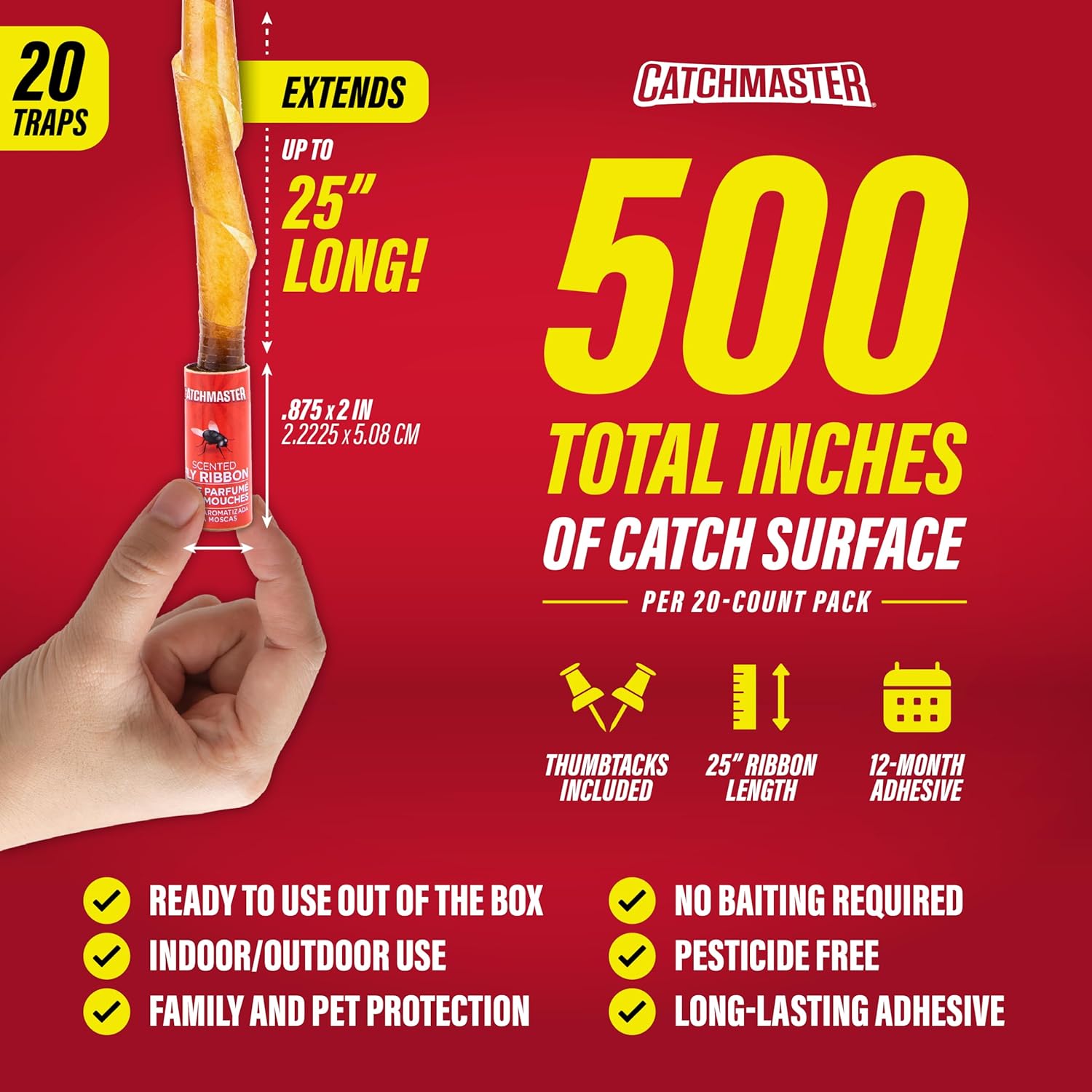 Catchmaster Fly Ribbon 20 Pack, Fly Strips Indoor Sticky Hanging Fly Tape