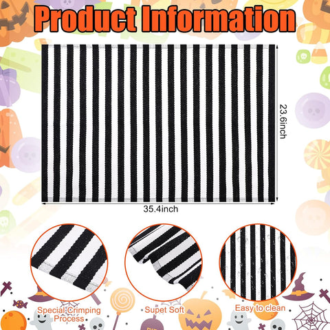 Moucuny 2' X 3' Black and White Halloween Vertical Stripe Outdoor Rug