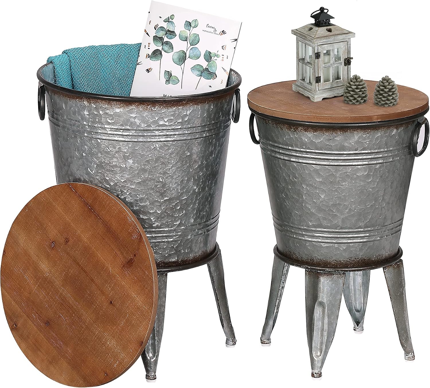 RUSTOWN Farmhouse Side Tables Set of 2, Galvanized Metal Bucket End Table