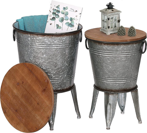 RUSTOWN Farmhouse Side Tables Set of 2, Galvanized Metal Bucket End Table