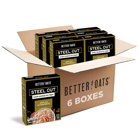 Better Oats Steel Cut Oatmeal, Apple & Cinnamon, 12.3 oz Box, 6 Pack | Instant Breakfast With Flax Seeds, Good Source Of ALA Omega-3 And a Good Source of Fiber, Individual Packets