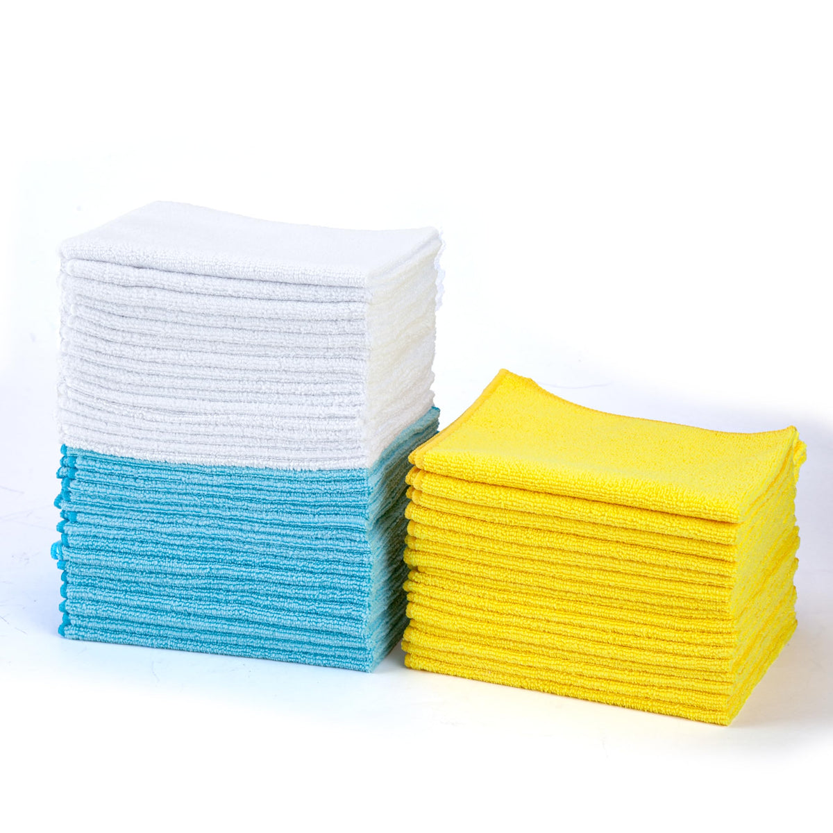 Amazon Basics Microfiber Cleaning Cloths, Non-Abrasive, Reusable and Washable, Pack of 48, Blue/White/Yellow, 16" x 12"