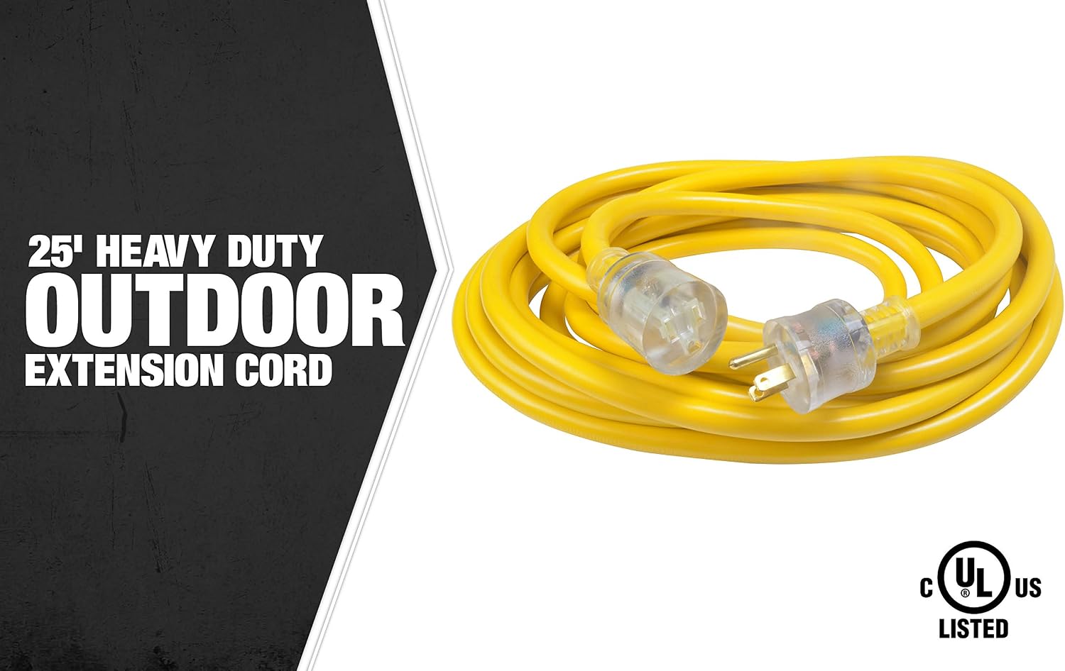 Southwire Extra Heavy Duty Extension Cord, 25Ft, 10 Gauge, 3 Conductor, Outdoor Cord, Lighted End, SJTW, Yellow, 2687SW0002