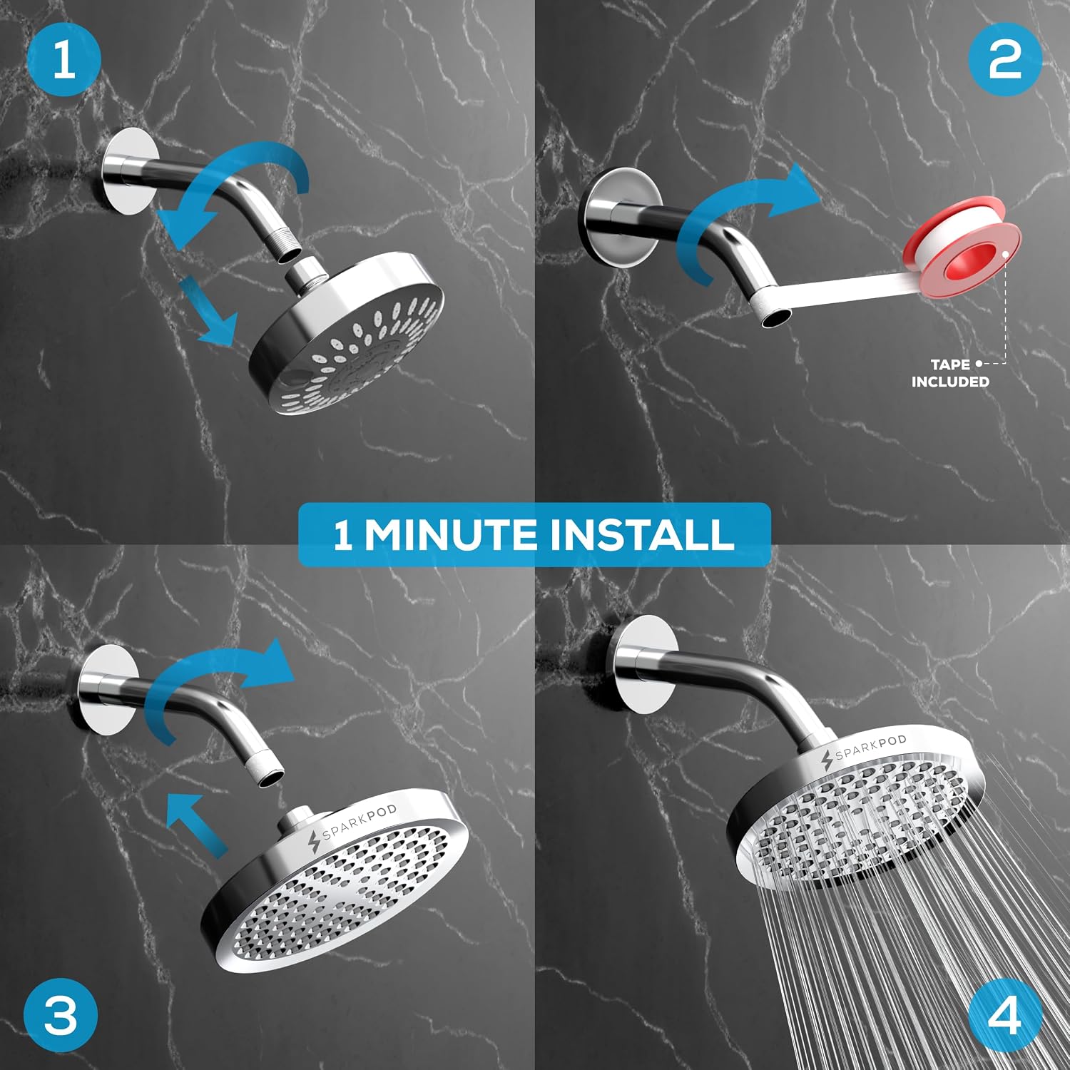 SparkPod Rain Shower Head, 6 Inch Round, Luxury Polished Chrome Finish